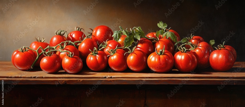 Poster vibrant red tomatoes arranged on a rustic wooden table showcasing rich textures and colors illuminat