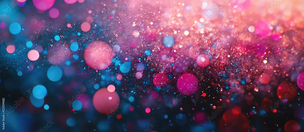 Fototapete Vibrant abstract background with pink and blue bokeh circles blending seamlessly; sparkling dots create a dynamic, colorful atmosphere