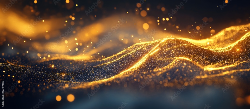 Poster Golden shimmering waves of light with sparkling particles on a dark background, creating a dreamy and tranquil atmosphere.