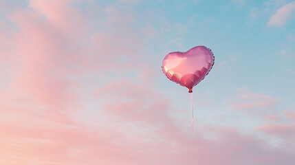 Obraz premium A floating heart-shaped balloon against a pastel sky at sunset, symbolizing love and joy.
