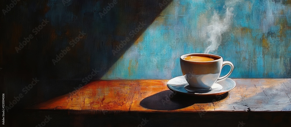 Aufkleber steaming white coffee cup on rustic wooden table with warm brown tones and cool blue background, cre