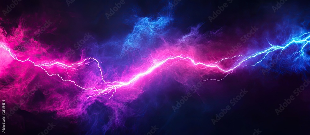 Poster vibrant electric lightning streaks in dark backdrop featuring vivid pink and blue colors creating a 