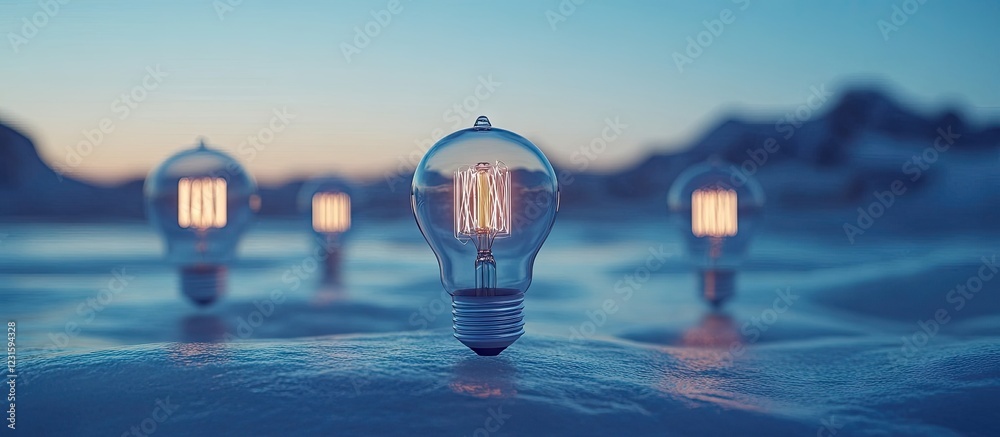 Poster illuminated vintage light bulbs positioned in foreground with soft blue and pastel sunset hues in ba