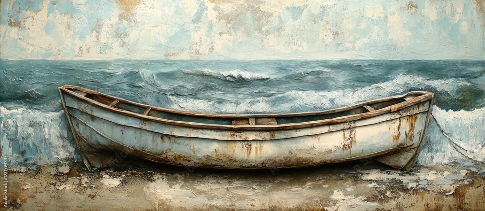 Poster Rustic blue boat resting on sandy shore with gentle waves crashing in background under a cloudy sky creating a serene coastal atmosphere