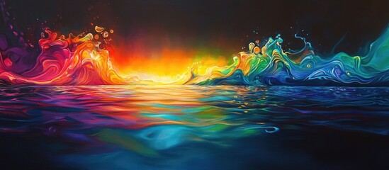 Vibrant neon waves in shades of orange, purple, and blue ripple across a dark surface, creating a mesmerizing fluid motion and enchanting atmosphere.