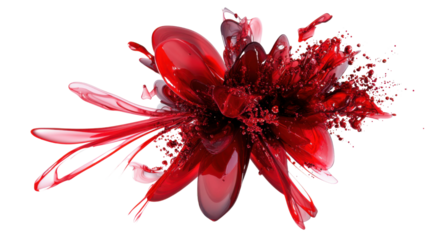 Red liquid splashing and forming a flower shape with transparent background