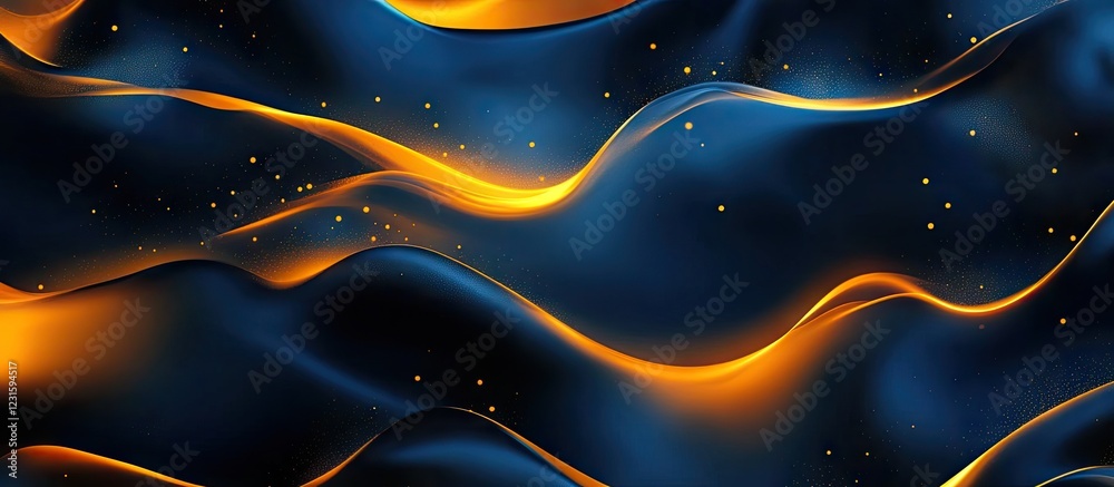 Fototapete Dark blue abstract background with flowing golden and yellow waves, creating a captivating visual interplay between rich tones and smooth textures.