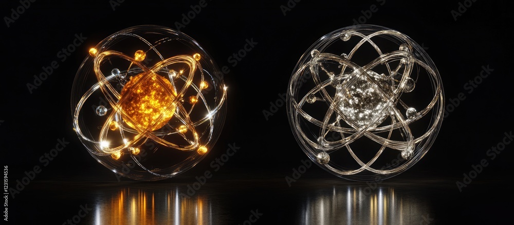 Aufkleber 3d atomic models with glowing orange and white elements against a black background showcasing day an