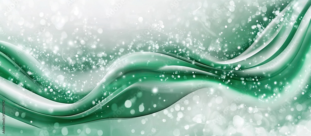 Fototapete Elegant abstract waves in shades of green flow across a soft gradient background with sparkling bokeh effects, creating a serene atmosphere.