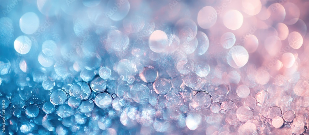 Fototapete Defocused bokeh background with pink and blue hues featuring circular light reflections and droplets, horizontal layout with ample copy space.