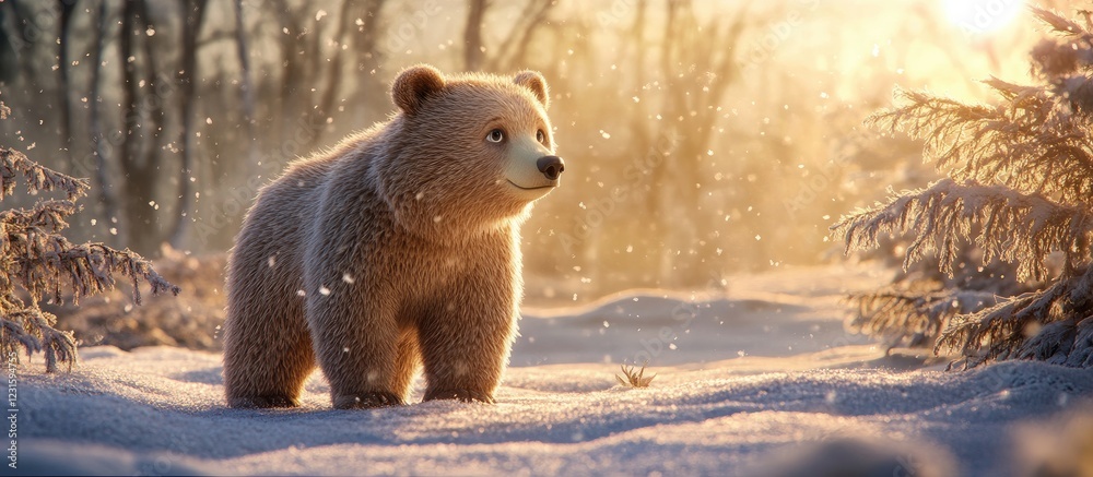 Poster baby bear standing in a snowy forest at sunrise with soft golden light illuminating the scene and a 