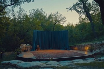 Scenic Outdoor Stage Captured During Golden Hour with Natural Lighting in Forest Backdrop, Ideal for Artistic Performances or Events
