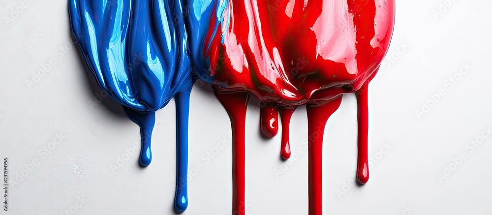 Poster vibrant red and blue paint dripping elegantly on a pristine white background showcasing dynamic colo