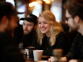 A cheerful young woman smiles while engaging with friends in a cozy cafe setting.