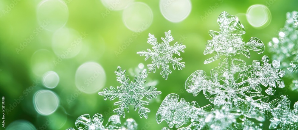 Fototapete Snowflakes with intricate patterns on a soft green bokeh background, featuring sparkling ice against a blurred, vibrant green backdrop.