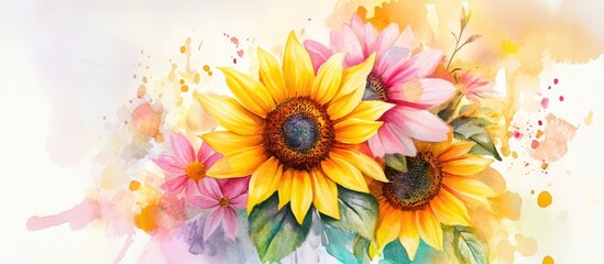 Obraz premium Vibrant watercolor bouquet featuring bright yellow sunflowers and soft pink flowers against a pastel background perfect for summer design themes