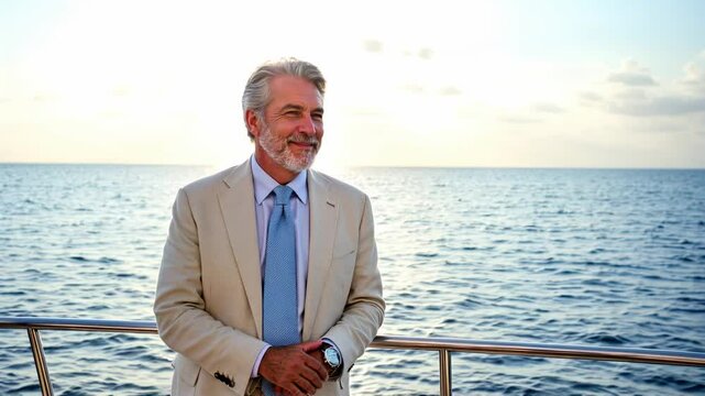 Middle Aged Man in Light Beige Suit Enjoying the Ocean Breeze at Sunset on a Yacht