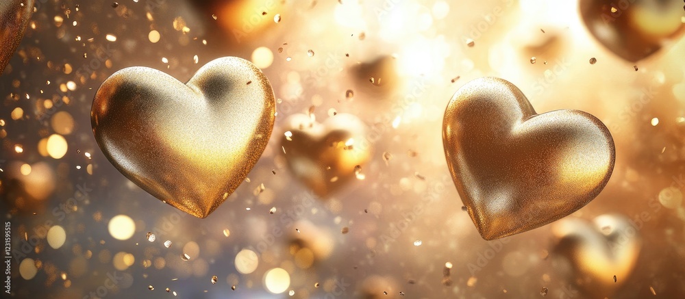 Aufkleber golden spheres and hearts in golden and warm tones floating amidst sparkling fairy dust particles cr