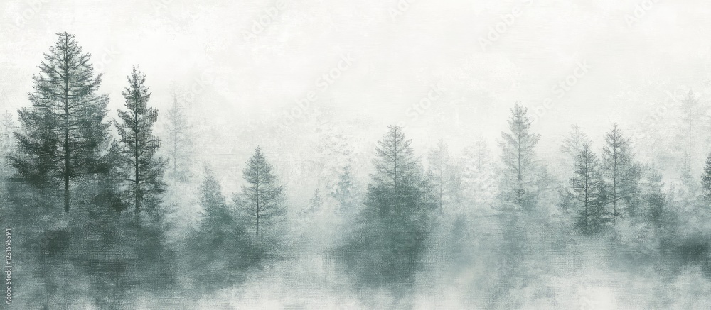 Poster Misty forest landscape with layered dark green pine trees emerging from soft gray fog against a pale white background creating a serene atmosphere