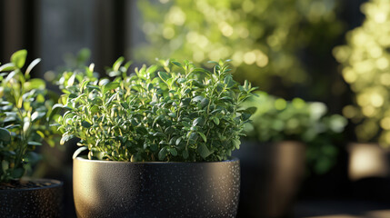 Fototapeta premium Fresh herbs in pots, herb garden with oregano, thyme, and rosemary in decorative pots, perfect for cooking and decoration