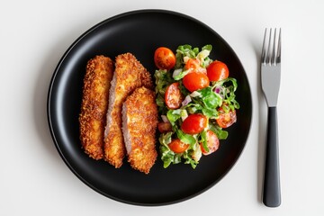 Crispy breaded pork, fresh salad, overhead shot