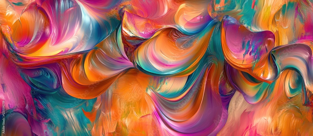 Leinwandbilder Vibrant abstract swirls of orange, pink, and teal create a dynamic composition, with fluid shapes flowing across the image in an artistic display.