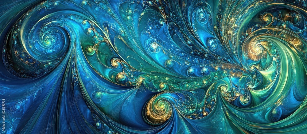 Aufkleber Dynamic swirling particles in blue and green create a captivating abstract design with intricate patterns and golden accents in a mesmerizing composition.