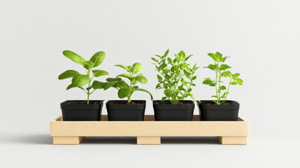 Four small potted herbs sit neatly on a light wooden tray against a white background.