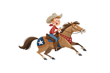 A cheerful cowboy rides a galloping horse adorned with star-themed decorations, embracing a lively Western theme full of adventure and spirit, isolated on a transparent background