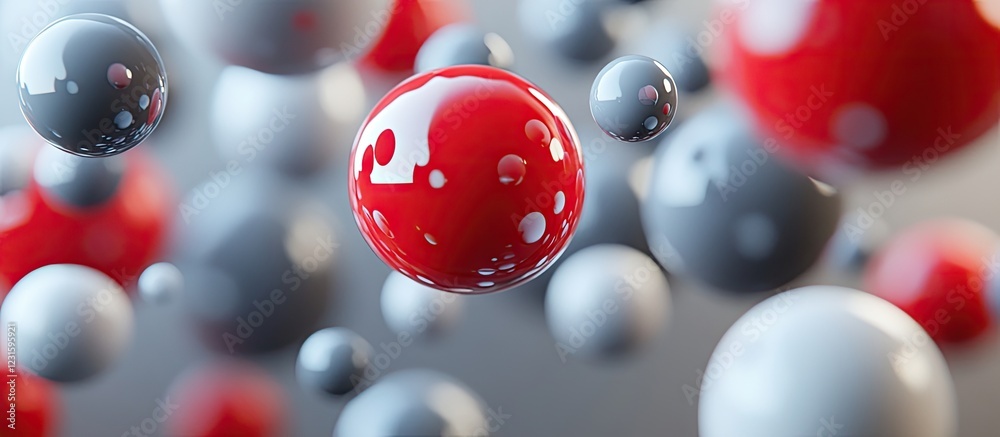 Aufkleber Red and grey spheres in varying sizes levitating in a dynamic composition on a soft neutral background creating a modern artistic display