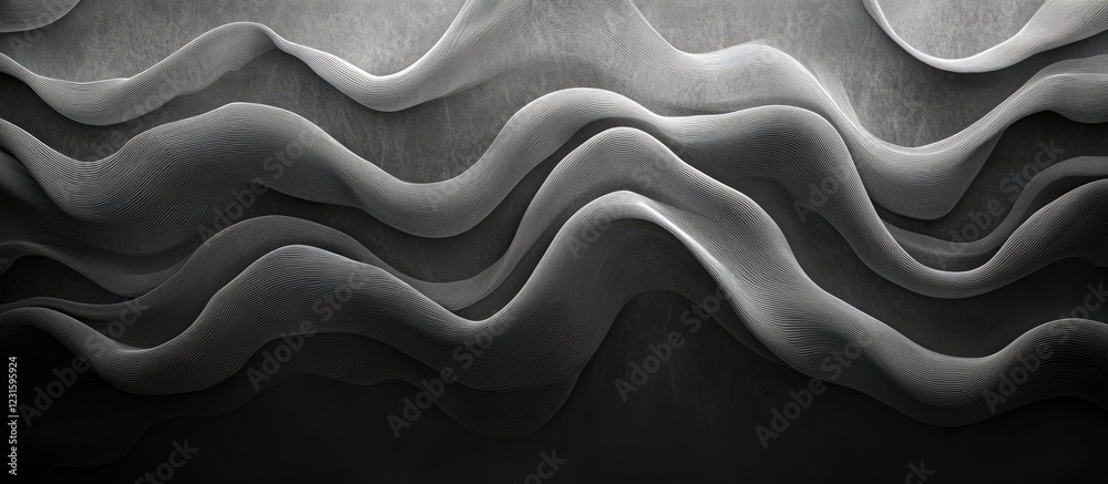 Leinwandbilder Abstract monochrome waves in varying shades of grey, flowing in smooth, undulating patterns across a dark background, creating depth and texture.