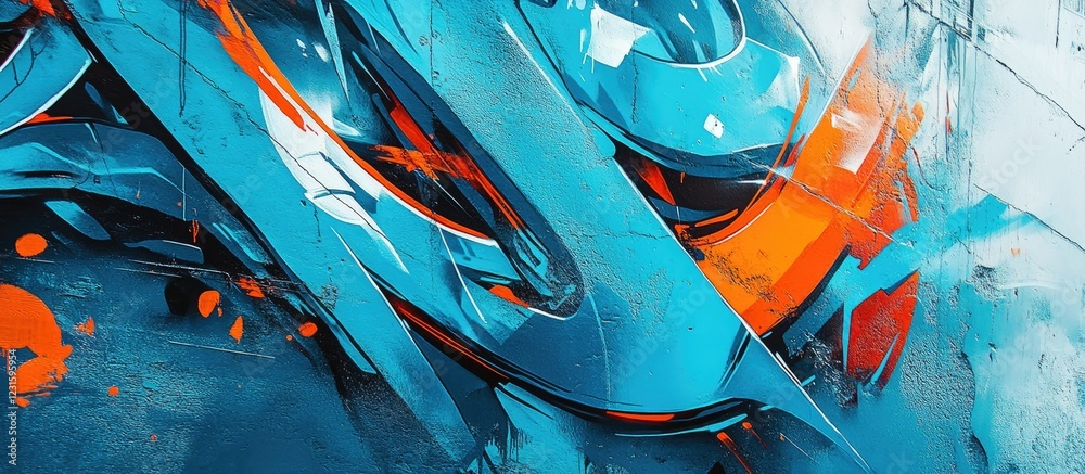 Aufkleber vibrant blue and orange abstract artwork with dynamic shapes and textures on a light background show