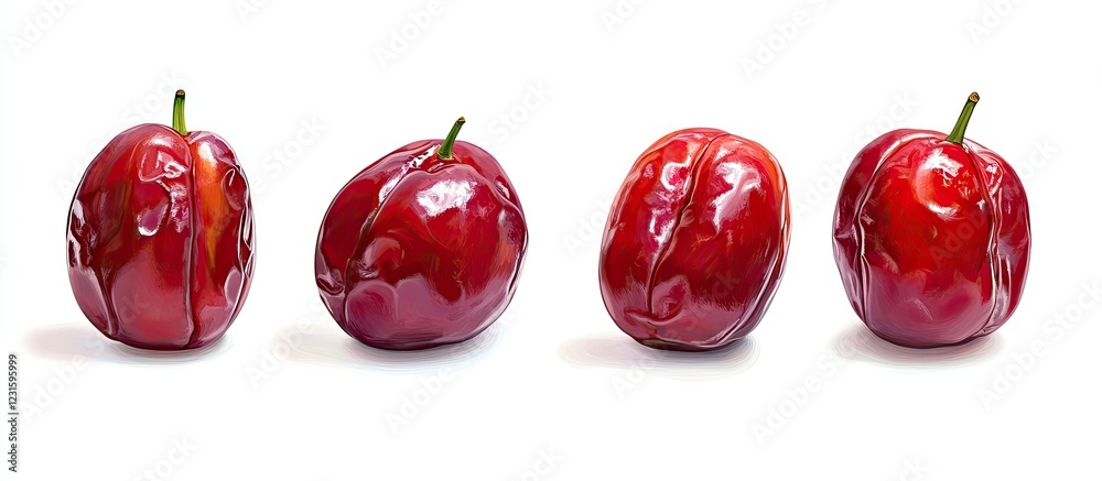 Poster vibrant red ripe date fruits arranged in a row on a white background highlighting their glossy textu