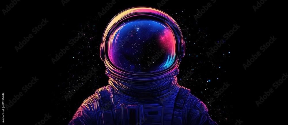 Poster vibrant astronaut in a dark space background showcasing purple and blue hues in the helmet and suit 