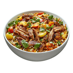 Fototapeta premium A delicious bowl of beef and chicken biryani, garnished with fresh herbs, tomatoes, and peas, isolated on a transparent background.
