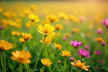 Fototapeta premium A colorful field of yellow and pink wildflowers in full bloom, clover, yellow