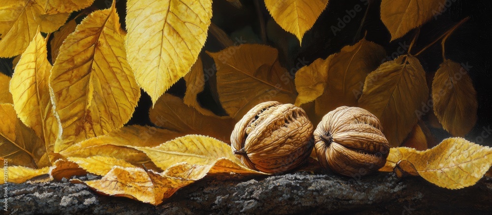Aufkleber Vibrant golden walnut leaves with two walnuts resting on a textured log against a dark background creating a serene autumn atmosphere.