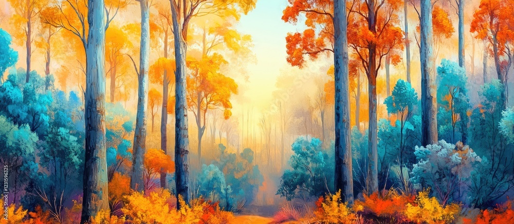Poster vibrant autumn forest landscape featuring tall pine trees on the left and colorful eucalyptus trees 
