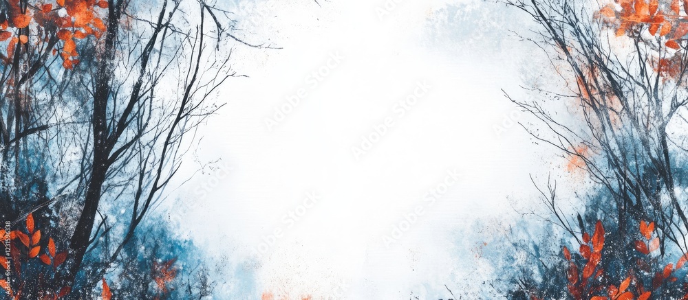 Poster majestic autumn leaves frame a misty forest scene with bare branches on the edges enhancing the tran