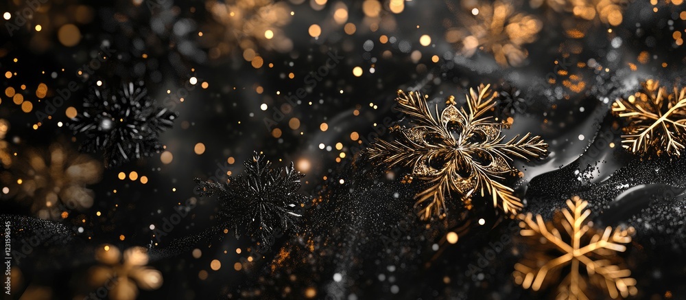 Poster Elegant black backdrop adorned with golden snowflakes and glimmering bokeh lights, creating a festive and luxurious winter atmosphere.