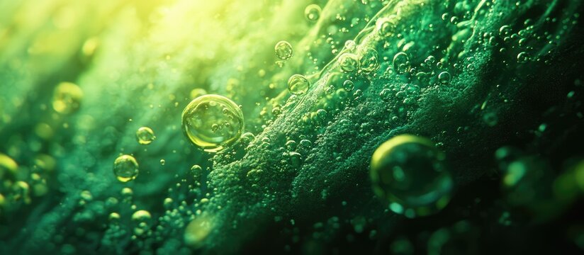 Underwater scene featuring vibrant green hues with bubbles ascending against a textured dark background creating a serene and dynamic atmosphere.