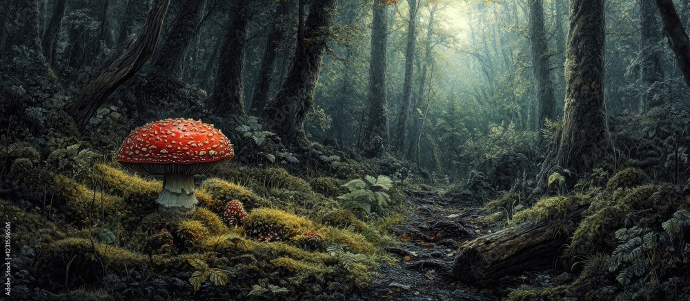 Aufkleber vibrant red cap mushroom surrounded by soft green moss in a dimly lit, enchanting forest creating a 