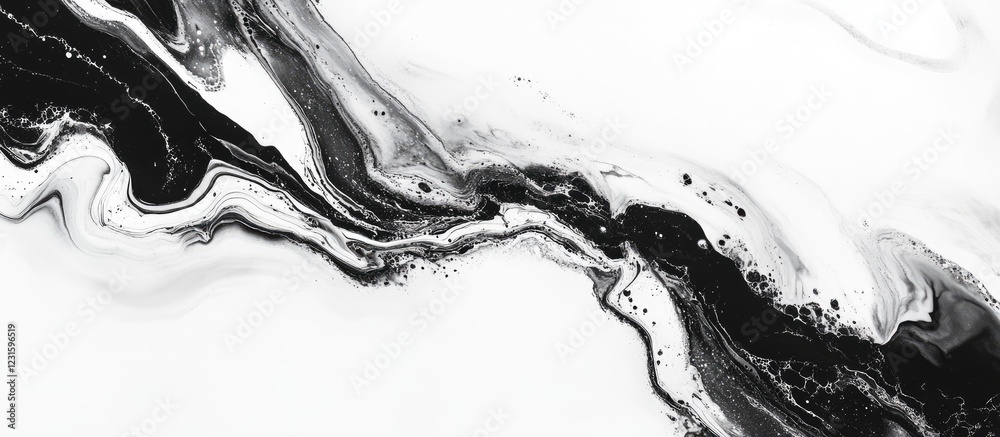 Poster abstract black and white marble texture with smooth flowing curves and waves, featuring glossy black