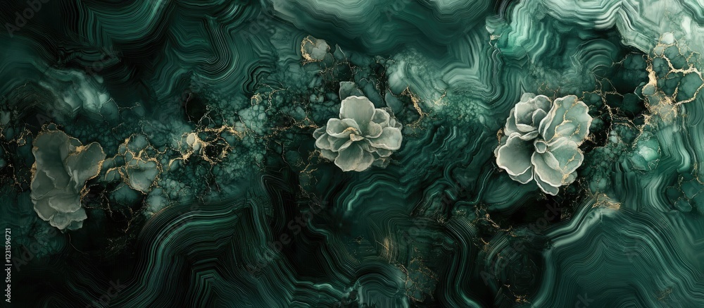 Aufkleber Elegant dark green abstract with textured agate stone backdrop featuring subtle light green floral pattern in centered harmonious design.