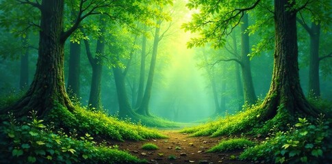 Abstract oil painting of forest floor moss green leaves forest atmosphere, green, forest, atmosphere