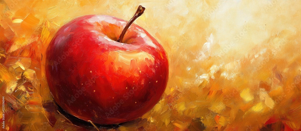Poster vibrant red apple with glossy texture set against warm golden backdrop capturing the essence of natu