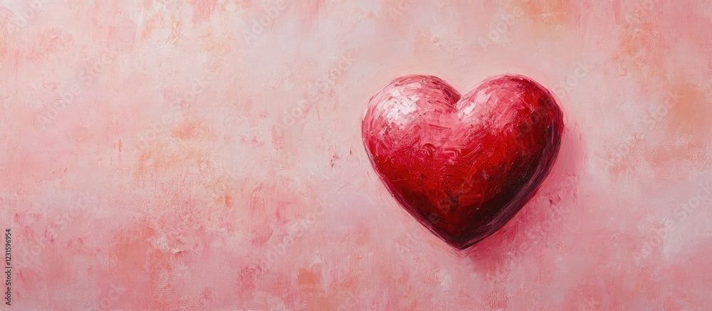 Poster Red heart positioned slightly right on soft pink pastel background with warm tones creating a charming and romantic visual atmosphere