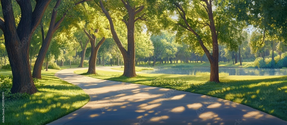Poster tranquil park pathway illuminated by soft sunlight with lush green trees casting shadows, inviting p