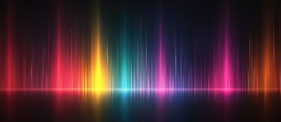Colorful abstract soundwave pattern with vibrant pink, yellow, blue, and purple vertical lines on a dark background reflecting softly below.