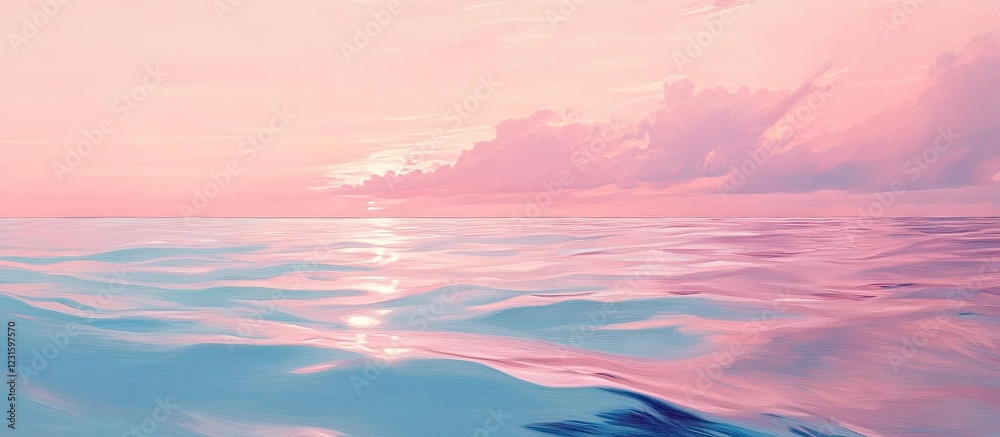 Poster tranquil ocean scene featuring soft pink hues reflecting on calm water with gentle waves merging wit